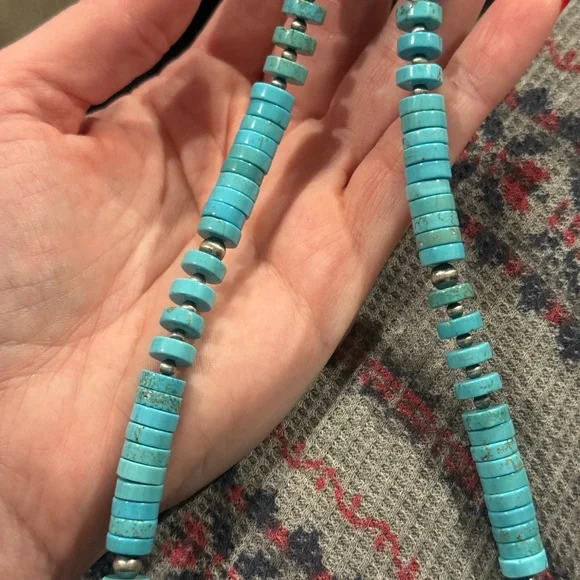 Native American Sterling Silver Navajo Pearl 8mm Turquoise HEISHI Necklace 19” - Picture 4 of 9